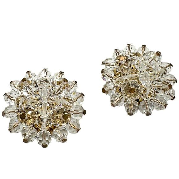 Vintage Jewelry - Vintage Glass Crystal Cluster Earrings Gold Clear Rainbow Iridescence 1.25 Inch